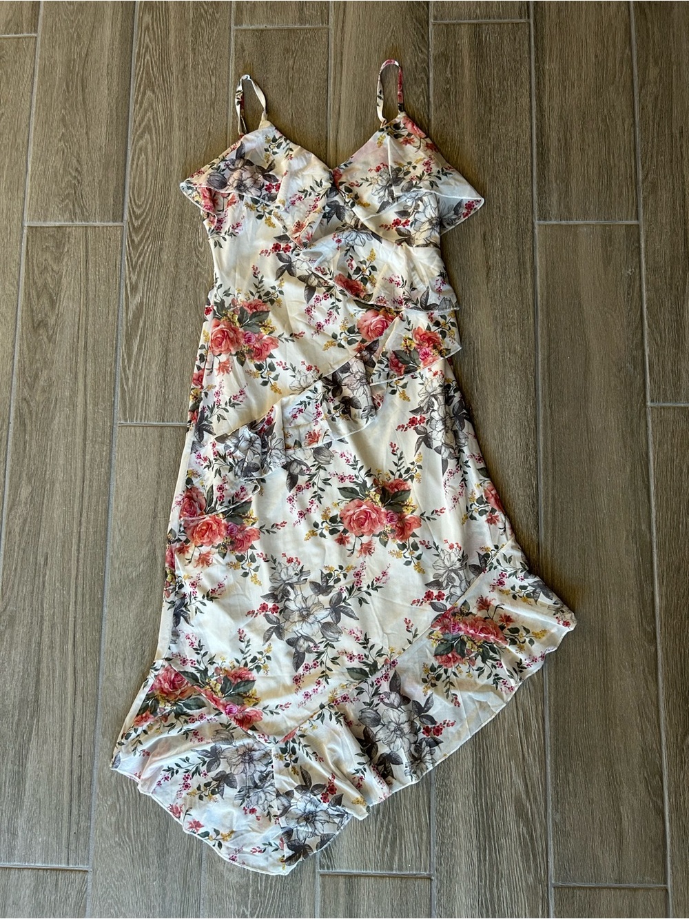 Floral Ruffle Spaghetti Strap Dress - Cream with Pink Roses